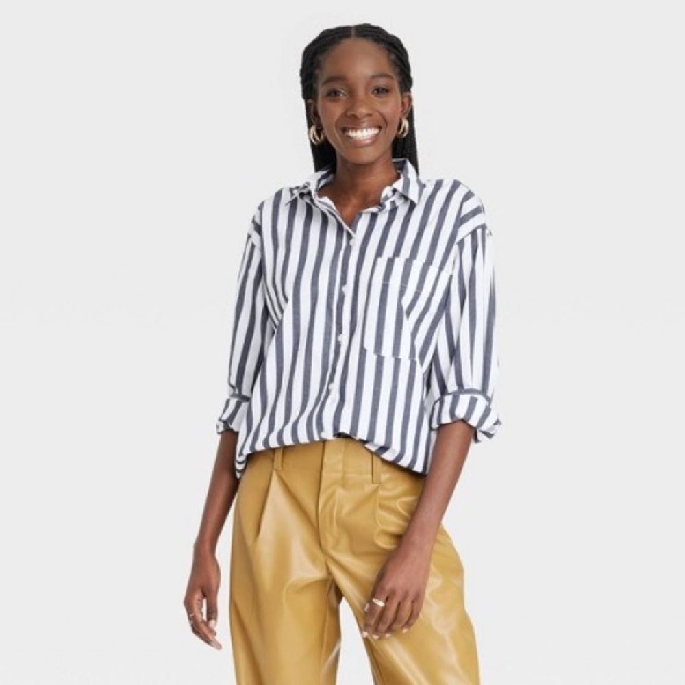 Navy and White Striped Long Sleeve Oversized Button Down